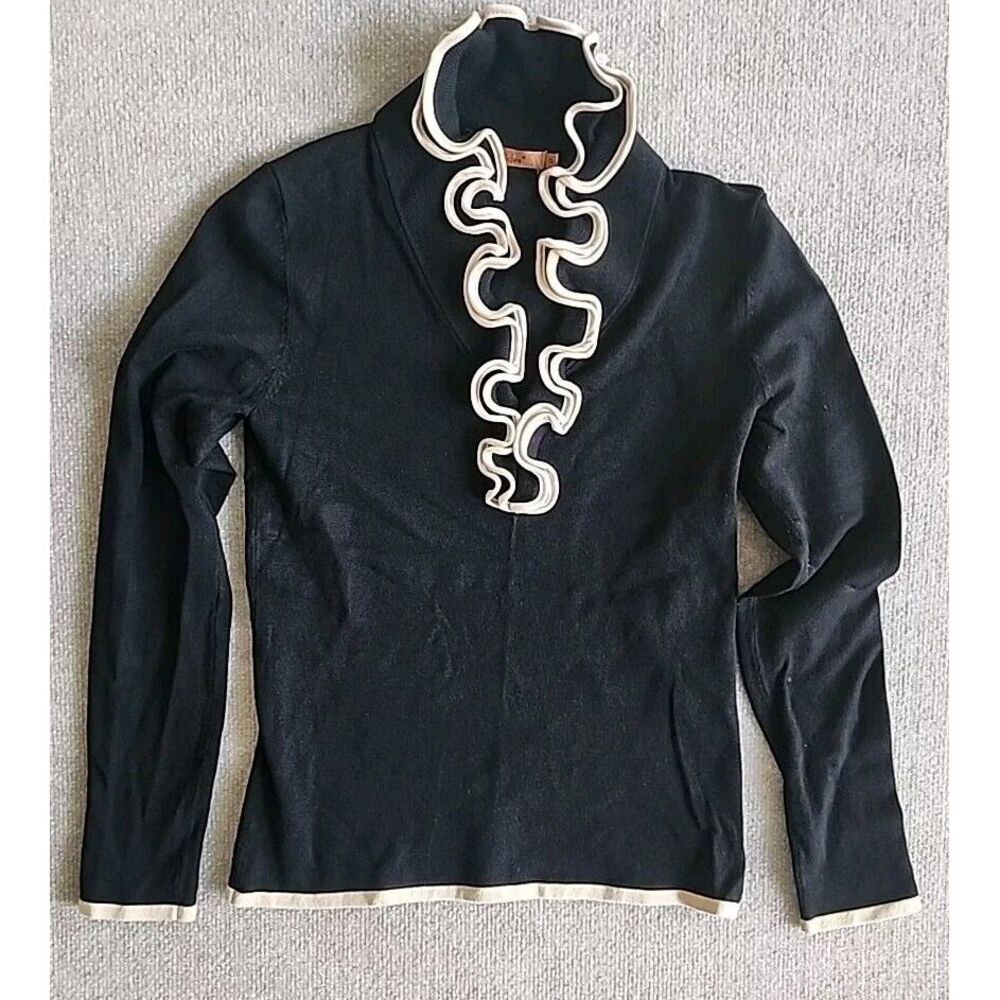 Bellini Collection Long Sleeve Black Knit Top Gold Ruffle Neck Trim Formal Small